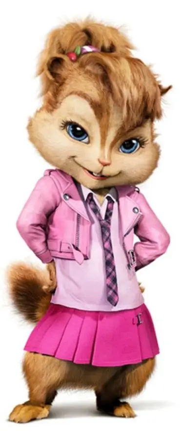 Brittany Miller full body costume reference from Alvin and the Chipmunks showing the pink leather jacket, pink skirt, tie detail, and signature high blonde ponytail