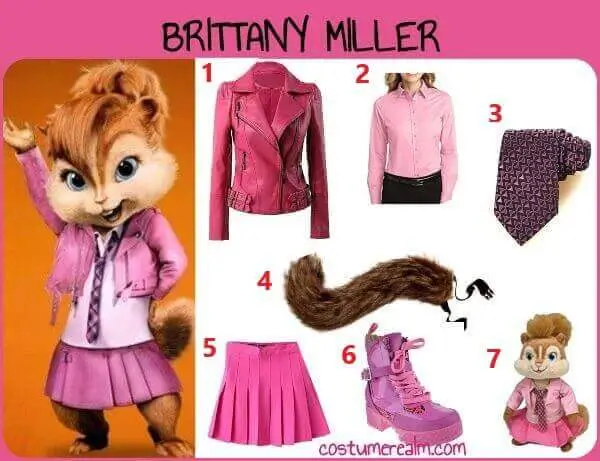 Brittany Miller Halloween costume infographic showing pink leather jacket, pink dress shirt, pink and purple tie, furry chipmunk tail, pink cheerleader skirt, and pink combat boots laid out as a complete costume guide