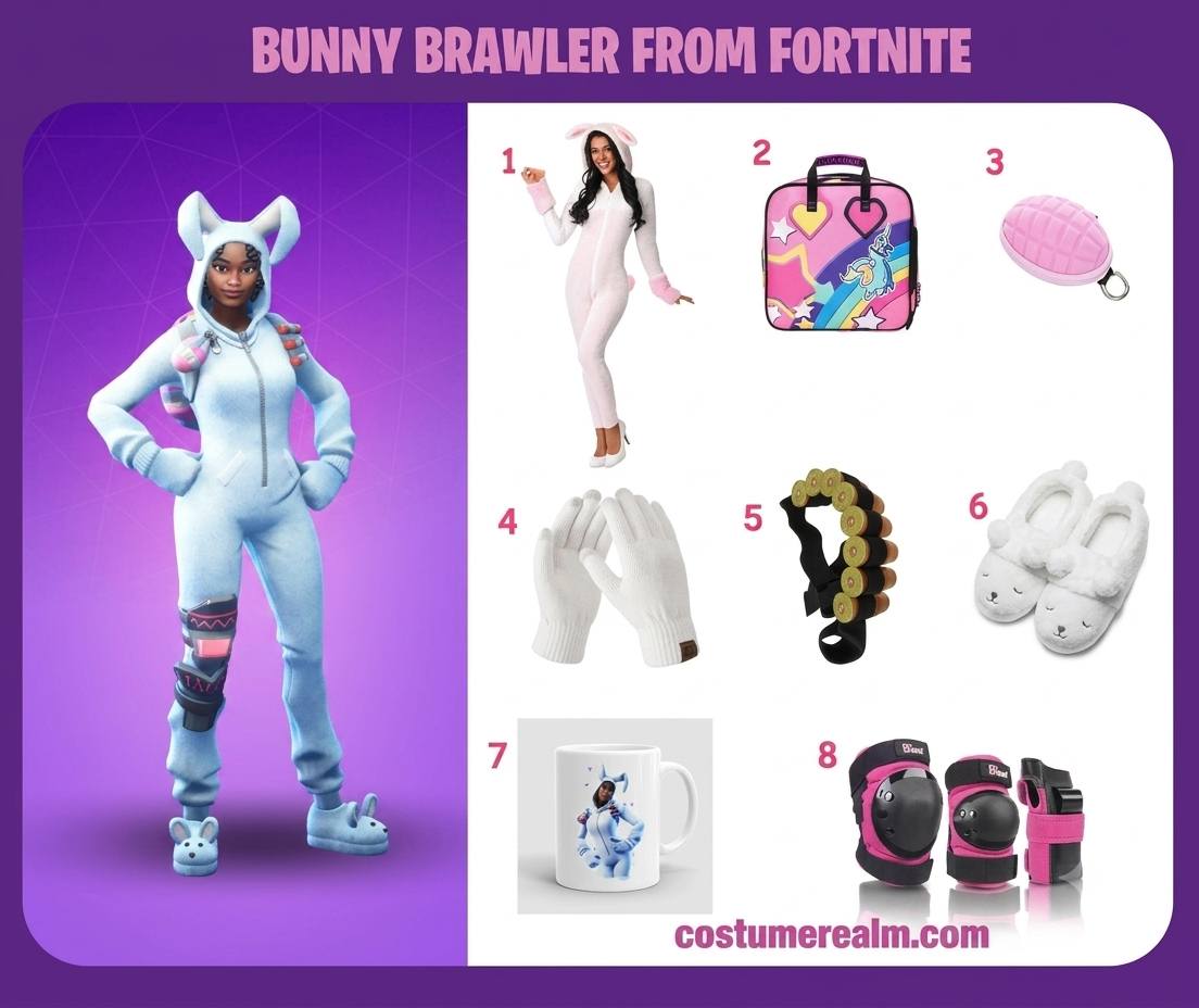 Bunny Brawler from Fortnite cosplay infographic showing all 8 items: white rabbit onesie, cosplay backpack, pink grenade key chain, white gloves, bullet shot belt, white bunny slippers, Bunny Brawler mug, and pink knee pads