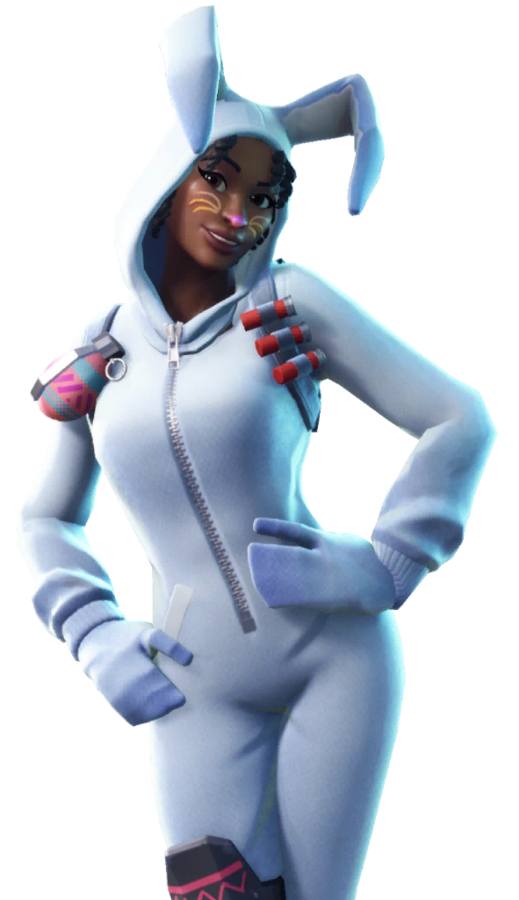 Bunny Brawler Fortnite character reference showing white onesie with pink-lined ears, pastel-pink knee pads, dark tactical utility belt, and Eggshell back bling
