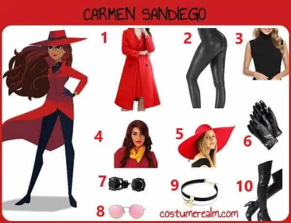 Carmen Sandiego Halloween costume infographic showing all 10 items: red wool pea coat, black leather pants, black sleeveless sweater, dark wig, red wide-brim hat, black leather gloves, cubic earrings, polarized sunglasses, cuboid choker, and black over-the-knee boots