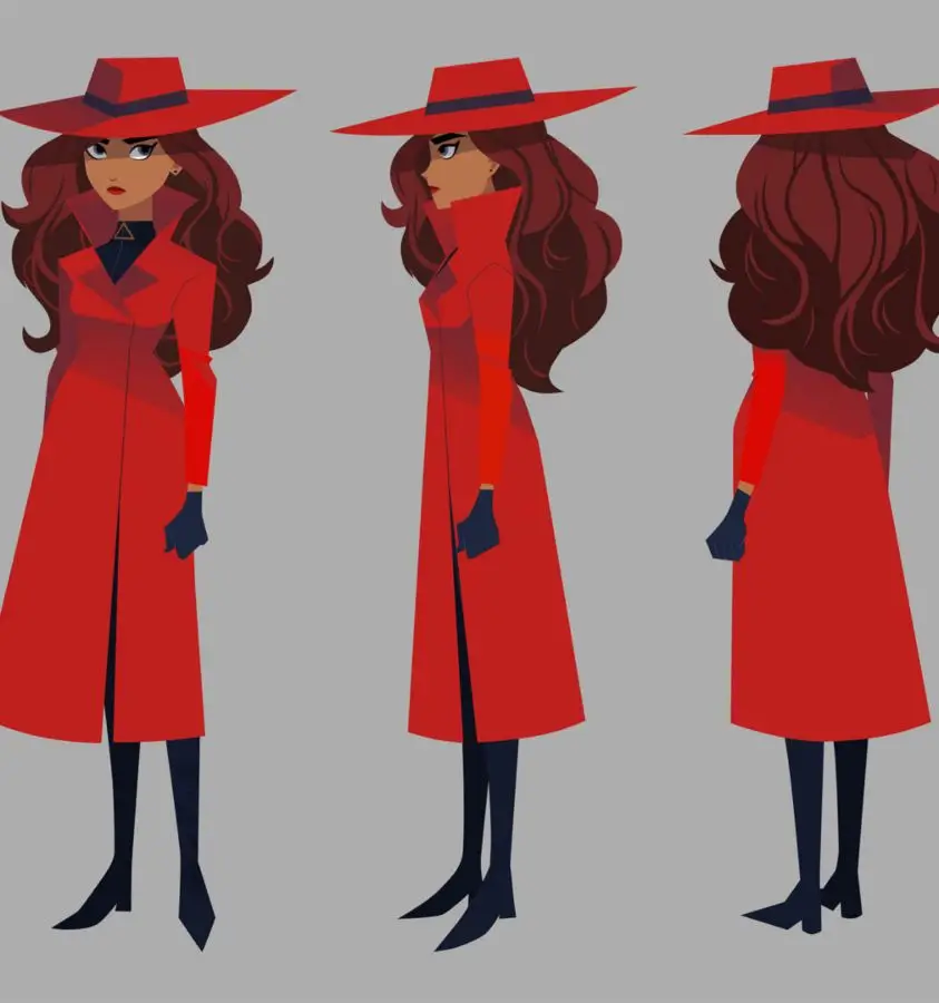 Carmen Sandiego Halloween costume shown from front, side, and back views, displaying the red pea coat, wide-brim hat, black leather pants, and over-the-knee boots together