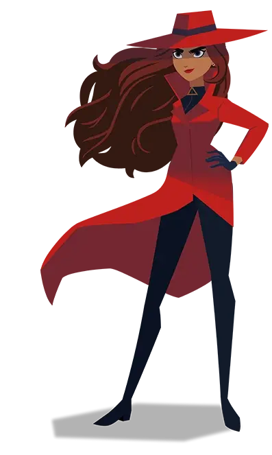 Carmen Sandiego Halloween costume full reference showing the red pea coat, wide-brim hat, black leather accessories, and over-the-knee boots as a complete look