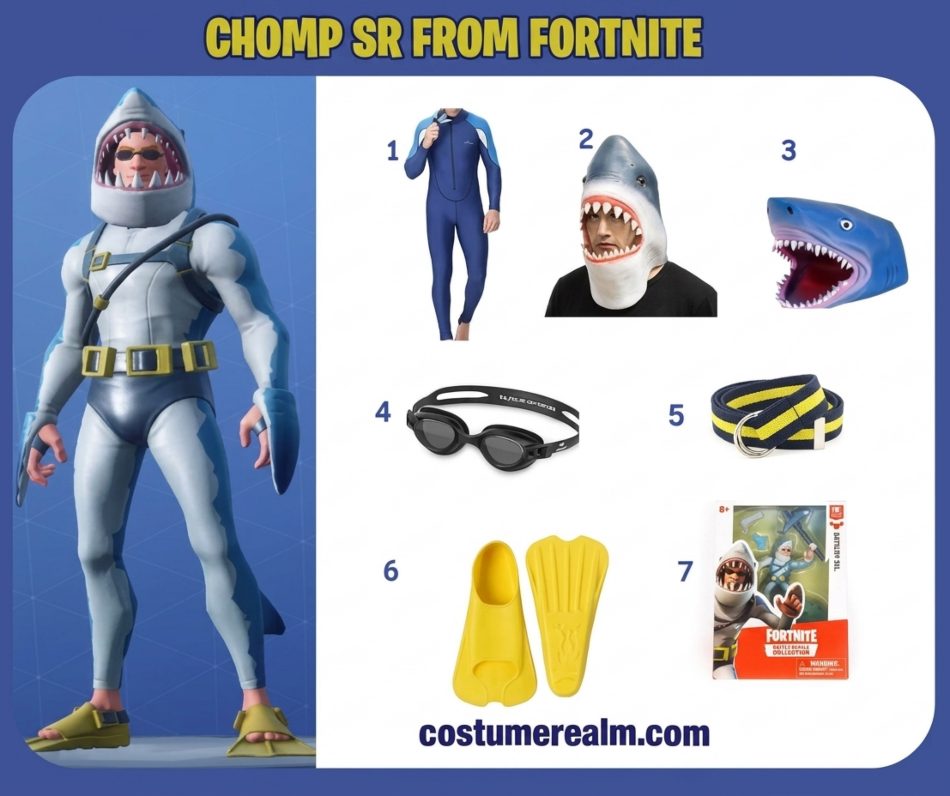 Chomp Sr. from Fortnite cosplay infographic showing blue jumpsuit, shark mask, shark hand puppet, swimming goggles, blue and yellow belt, yellow flippers, and optional Chomp Sr. figure as a complete build guide