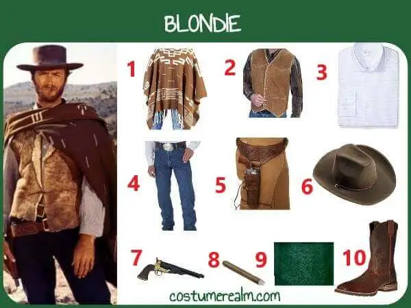 Blondie from The Good the Bad and the Ugly Halloween costume infographic showing olive green poncho, cowboy hat, suede vest, blue check shirt, gun belt, cigar, boots, replica revolver, and green scarf