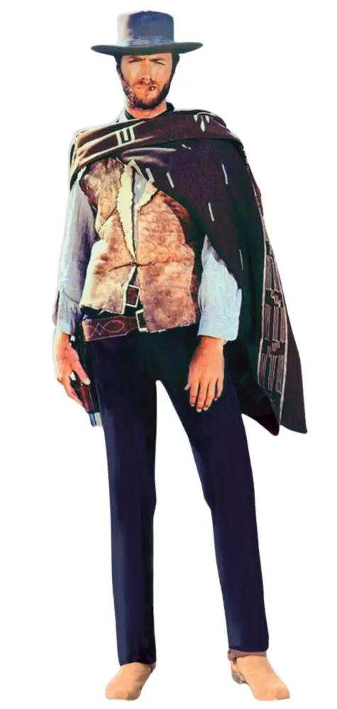 Clint Eastwood as Blondie in The Good the Bad and the Ugly wearing olive green poncho and cowboy hat, showing the full Halloween costume reference
