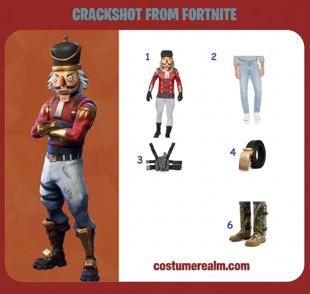 Crackshot from Fortnite cosplay infographic showing all 5 items: nutcracker cosplay costume with shirt and hood, blue slim-fit jeans, black leg holster, black belt with gold buckle, and military hunting boots