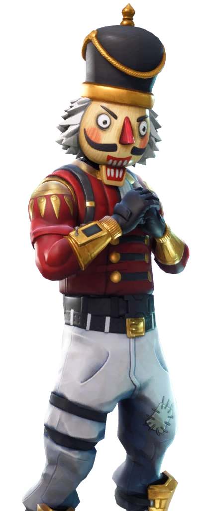 Crackshot from Fortnite character reference showing the crimson military dress coat with gold detail, oversized wooden nutcracker head mask with painted grin and mustache, and royal blue shako hat with gold star