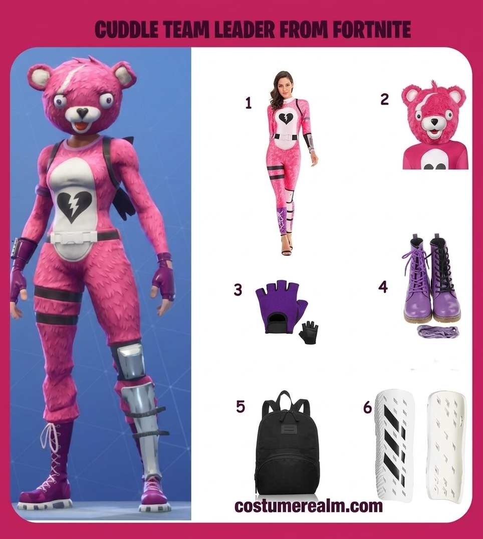 Cuddle Team Leader from Fortnite cosplay infographic showing the bear plush prop, oversized bear mask, purple fingerless gloves, purple combat boots, black backpack, and shin guards as a complete 6-item build
