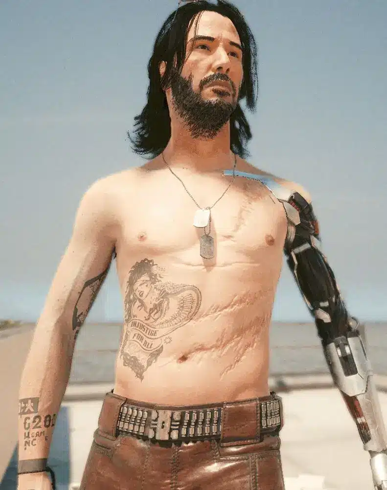 Johnny Silverhand Cyberpunk 2077 arm and body tattoo placement reference for cosplay accuracy