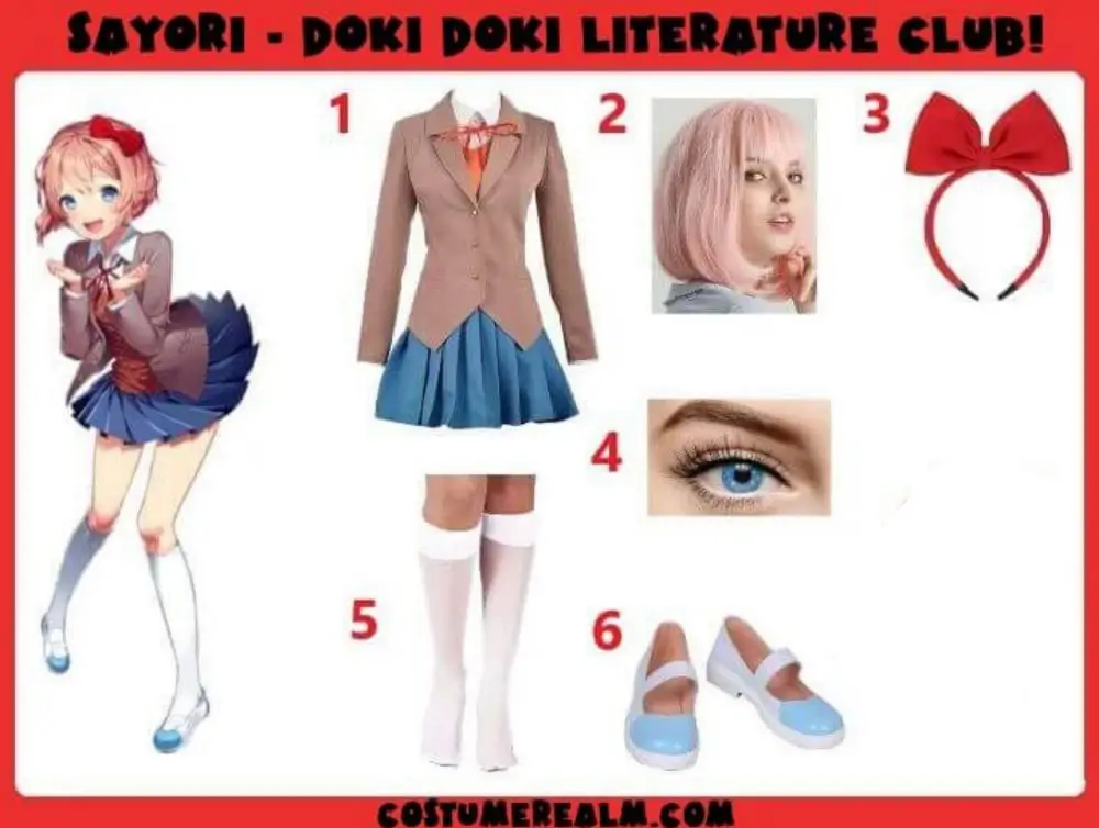 Sayori cosplay guide infographic from Doki Doki Literature Club showing all six items: school uniform, pink bob wig, red bow headband, blue contact lenses, white knee-high socks, and cosplay shoes