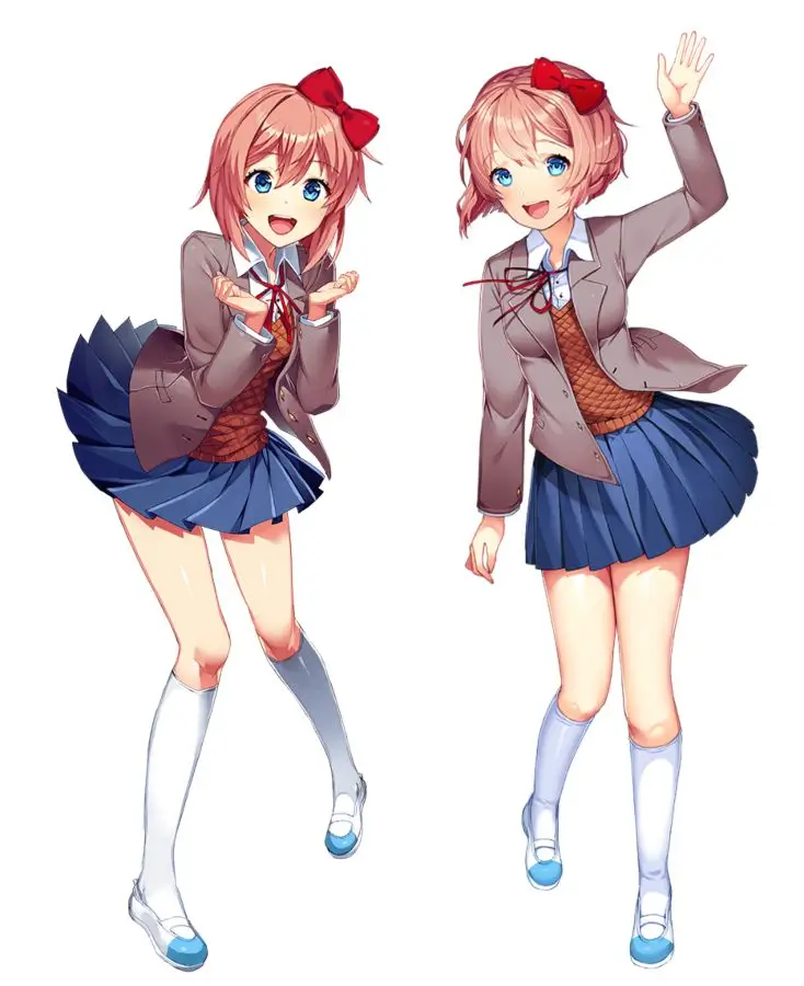 Sayori from Doki Doki Literature Club in her school uniform, showing the coral-pink bob, large red bow positioned at the top left, open gray blazer, and dark blue pleated skirt