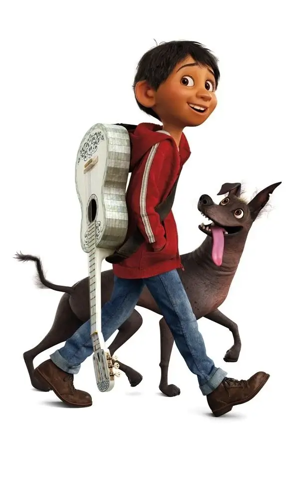 Miguel Rivera with his dog Dante from Pixar's Coco, showing the pair together as a Halloween costume reference for the Dante and Miguel action figure prop