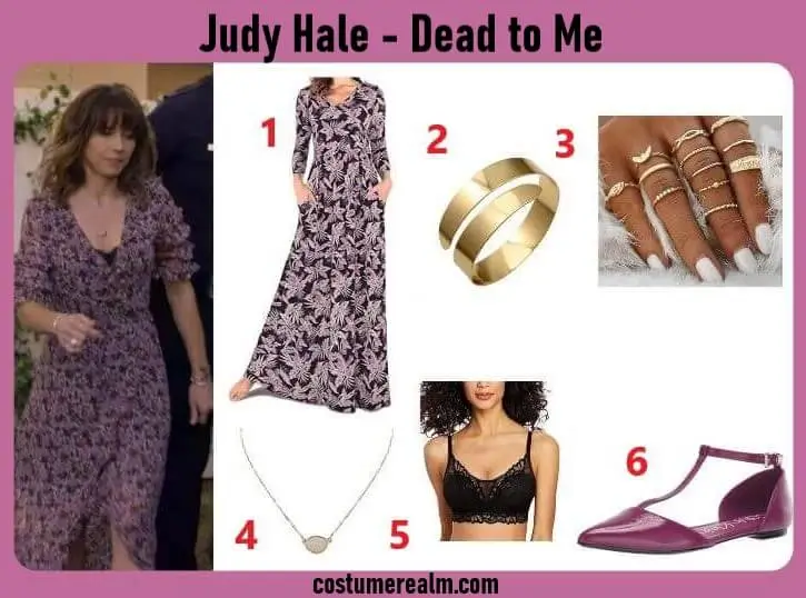 Judy Hale Dead to Me Outfit 2 infographic showing purple floral maxi dress, arm cuff, gold rings, opal necklace, black bra, and purple flat shoes