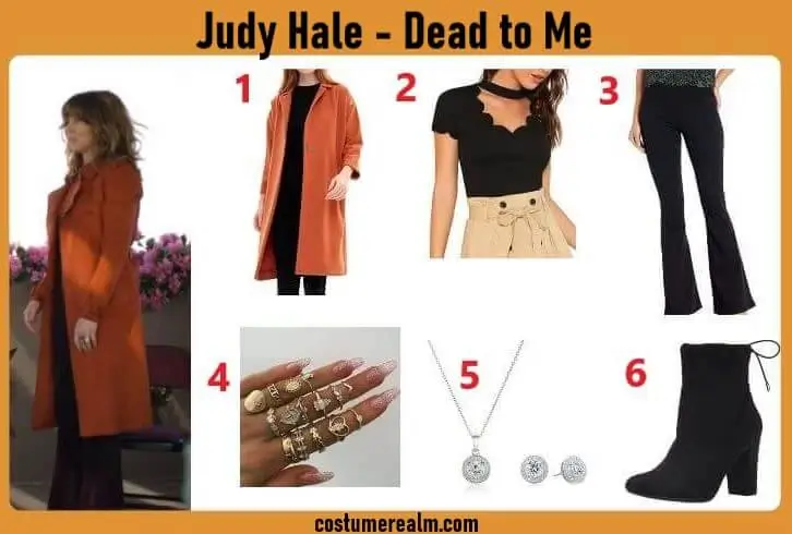 Judy Hale Dead to Me Outfit 3 infographic showing orange trench coat, scalloped tee, black flare jeans, boho gold rings, halo pendant necklace with earrings, and black boots