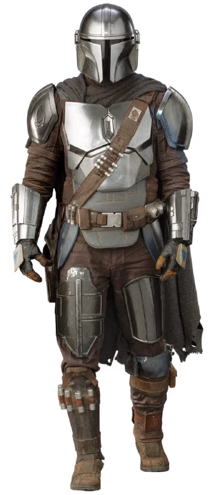 The Mandalorian in full beskar armor Star Wars reference