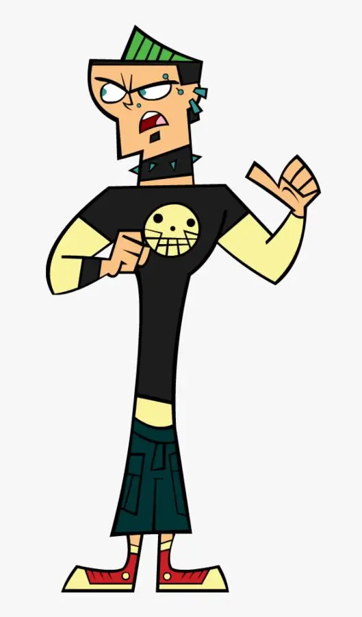 Duncan Total Drama full body Halloween costume reference showing green mohawk skull tee layered over yellow long sleeve green pants and red sneakers