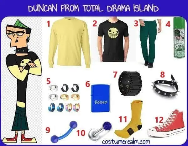 Duncan Total Drama Halloween costume guide 12 items yellow long sleeve skull tee green pants mohawk piercings and red sneakers
