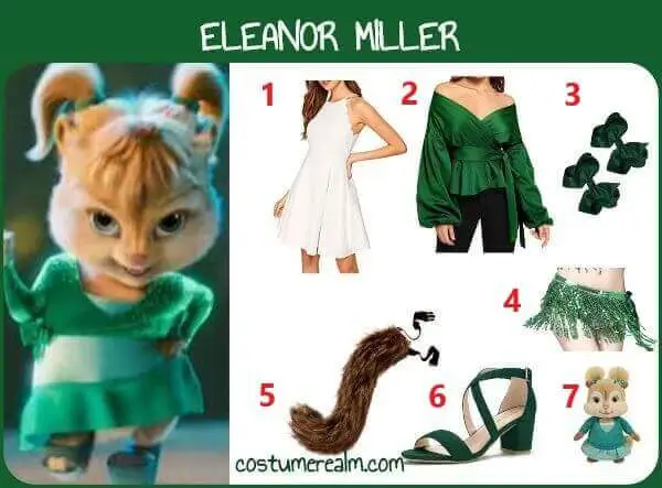 Eleanor Miller from Alvin and the Chipmunks Halloween costume infographic showing all 7 items: pleated white dress, green casual top, green hair bows, green belly dancer belt, furry chipmunk tail, green block heel sandals, and Eleanor plush toy
