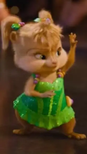 Eleanor Miller from Alvin and the Chipmunks Halloween costume full reference showing the green-over-white layered dress, green hair bows in pigtails, belly dancer belt, furry tail, and green sandals