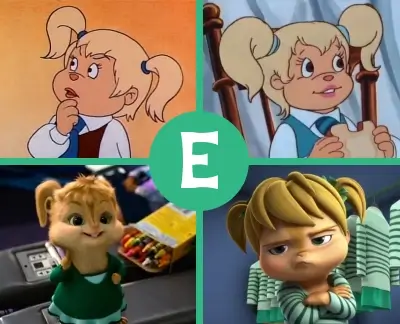Eleanor Miller character design across different Alvin and the Chipmunks versions showing the 80s animated series, CGI film look, and ALVINNN series, with consistent green color scheme and blonde pigtails throughout