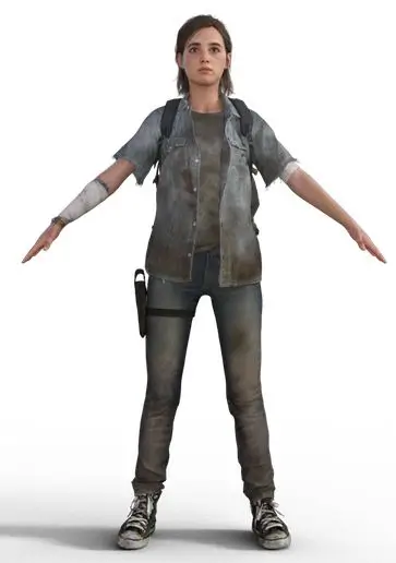 Ellie Williams from The Last of Us game in her red palm tee over black long sleeve with grey backpack and flashlight, the primary reference for the Part I Halloween costume build