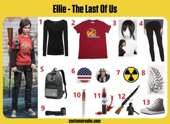 Ellie Williams The Last of Us Part I Halloween costume infographic showing black long sleeve, red palm tee, side bangs wig, skinny jeans, grey backpack, and prop weapons