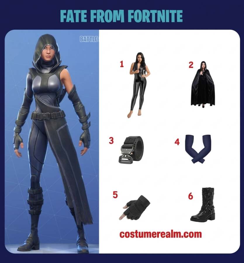 Fate from Fortnite cosplay infographic showing all six items: black leather bodysuit, black cloak, tactical belt, navy blue arm sleeves, fingerless gloves, and mid-calf boots
