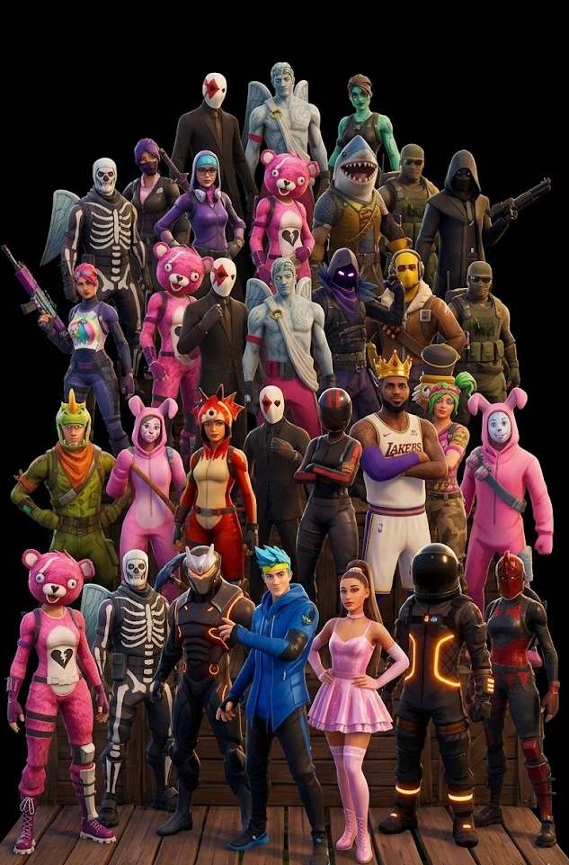 A selection of Fortnite character skins showing the wide aesthetic range from Chapter 1 Season 4 and beyond, useful for planning Fortnite group cosplay lineups