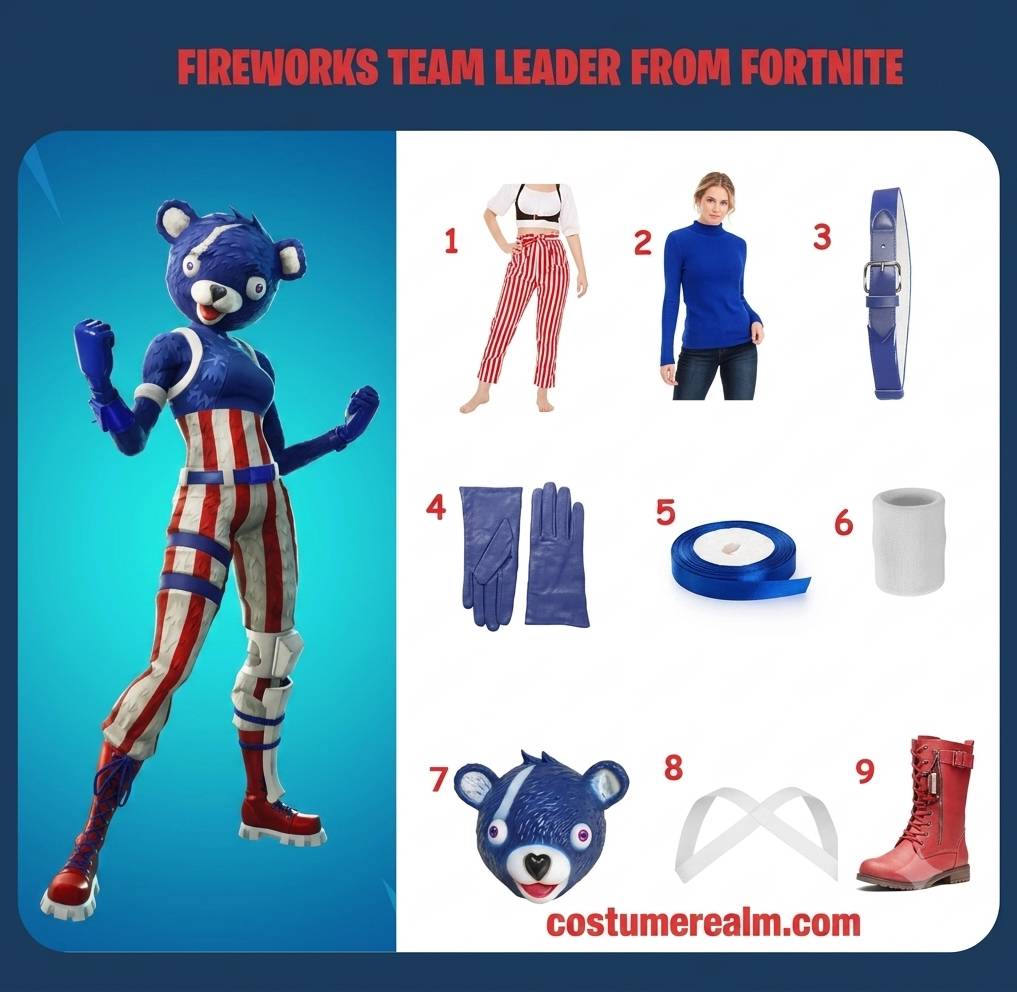 Fireworks Team Leader Fortnite cosplay guide showing all nine costume items labeled