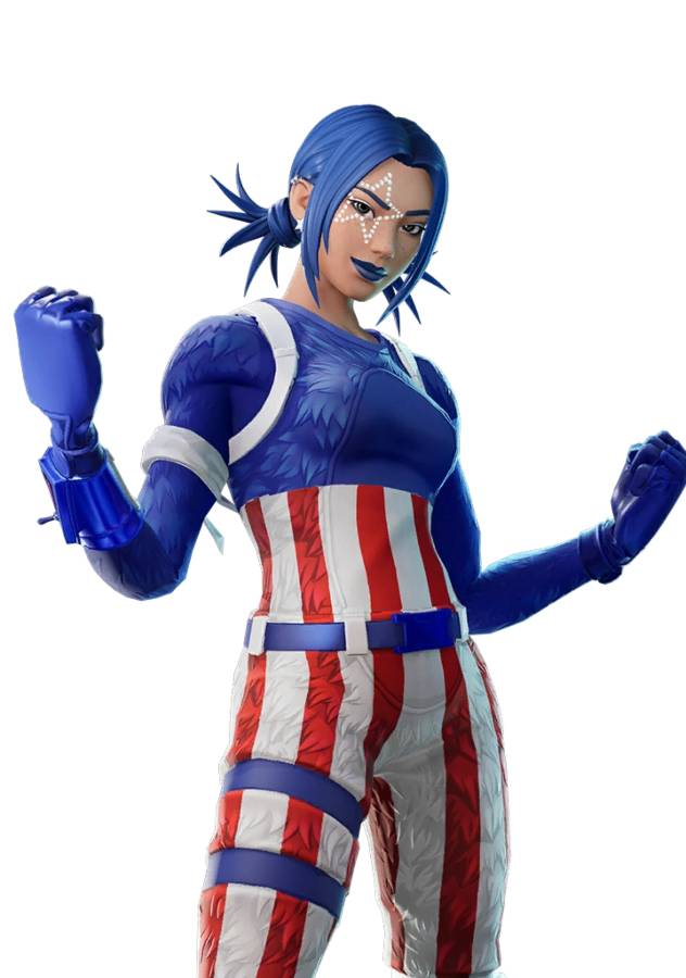 Fireworks Team Leader Fortnite character art showing the red white blue asymmetric suit details without mask