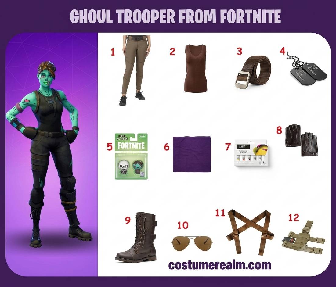 Ghoul Trooper Fortnite cosplay guide showing all 12 costume items labeled