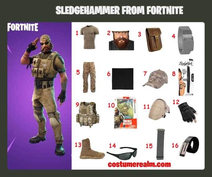 Fortnite Sledgehammer cosplay guide showing all 16 costume items labeled