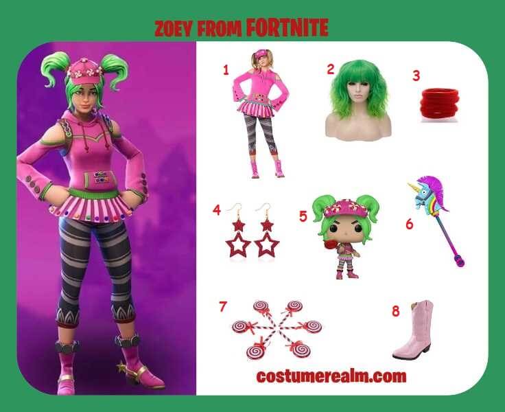 Zoey from Fortnite cosplay costume infographic with all 8 items numbered: Zoey costume set, green cosplay wig, red ponytail bands, red star earrings, Zoey Funko Pop, rainbow Fortnite pickaxe, red and white lollipop ornament set, and pink western boots