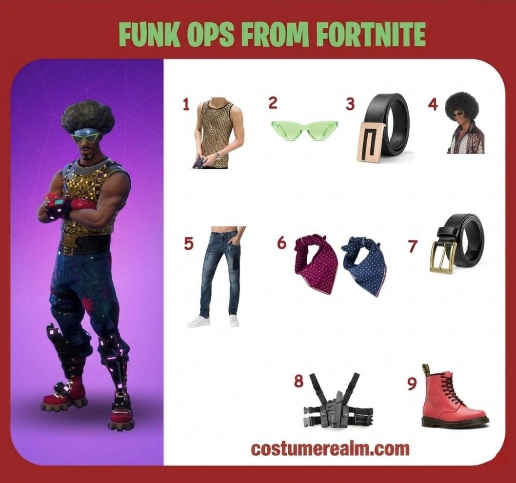 Funk Ops Fortnite cosplay guide showing all nine costume items with labels