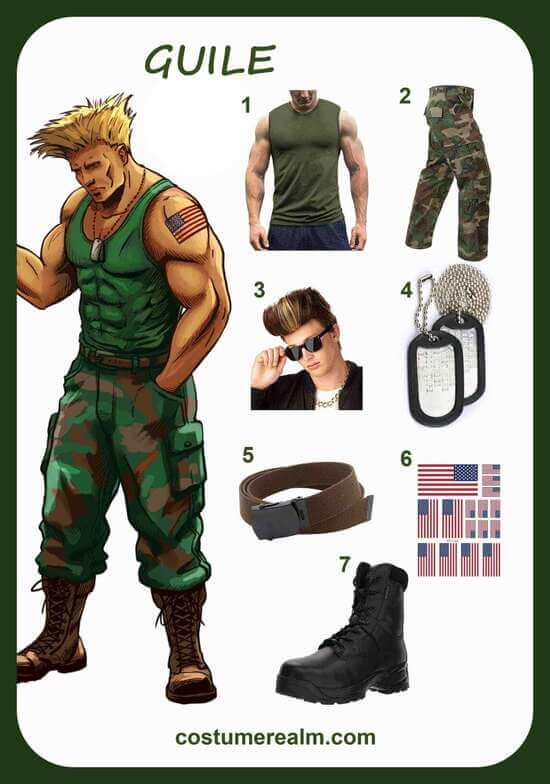 Guile Street Fighter Halloween costume infographic showing all seven items: army green tank top, vintage paratrooper pants, flat-top blond wig, dog tag, military web belt, American flag temporary tattoos, and combat boots
