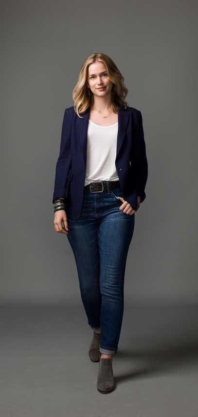 Elizabeth Lail as Guinevere Beck in You Netflix wearing army green jacket layered over blue striped shirt, blue jeans, brown ankle boots, and gold name necklace in her signature relaxed NYC collegiate style