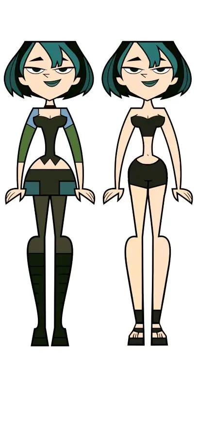 Gwen from Total Drama full body costume reference showing her classic gothic look with leather corset, grey tights, green arm warmer, and teal hair alongside a beach swimwear variant