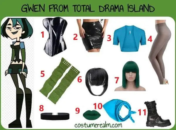 Gwen from Total Drama Halloween costume infographic showing all 11 items: leather corset, black leather skirt, shoulder shrug, grey tights, green arm warmer, hair extensions, teal bob wig, choker, dark green lipstick, blue scarf, and black biker boots