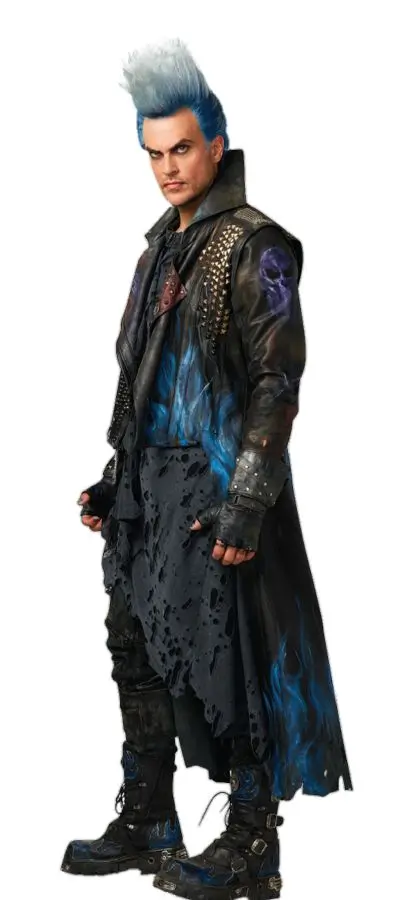 Cheyenne Jackson as Hades in Descendants 3, full body reference showing the spiky blue mohawk wig, black studded leather jacket, punk rock tank top, black biker jeans, fingerless gloves, and biker boots