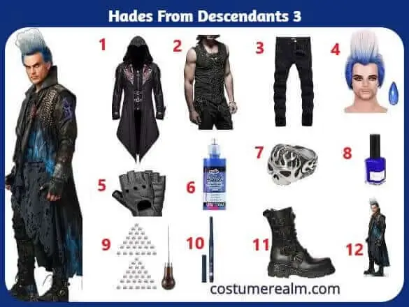 Hades from Descendants 3 Halloween costume infographic showing black gothic hooded jacket, Hades blue mohawk wig, punk rock tank top, black biker jeans, fingerless gloves, skull ring, blue nail polish, eye pencil, biker boots, and DIY spikes
