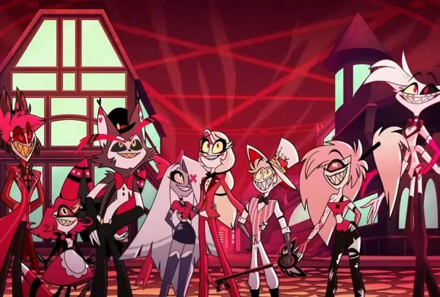 Hazbin Hotel cast characters including Katie Killjoy, Tom Trench, Alastor, Angel Dust, Charlie Magne, and Vaggie for group Halloween costume reference