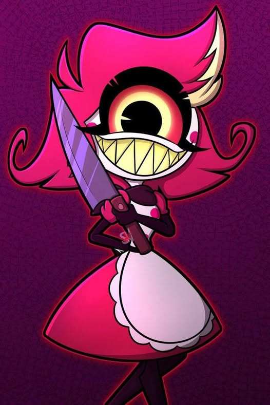 Niffty from Hazbin Hotel in her pilot design 1950s outfit showing the poodle skirt, white blouse, reddish-pink bob hair, and dark gloves