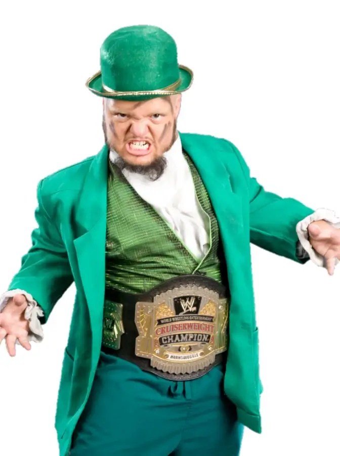 Full reference image of the Hornswoggle Halloween costume showing green blazer, ruffled shirt, fedora hat, and championship belt