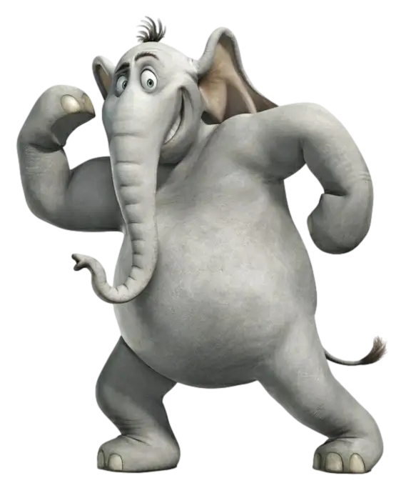 Horton the Elephant Halloween costume reference showing the grey elephant silhouette, large ears, and trunk that define both the men's and women's costume builds