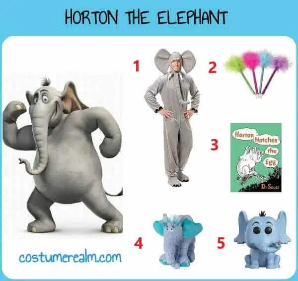 Horton the Elephant men's Halloween costume infographic showing the adult grey elephant costume, Truffula Tree pen, Horton Hatches the Egg book, stuffed toy, and Funko Pop props laid out as a complete men's costume build