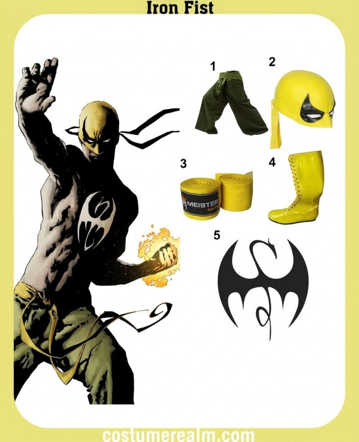 Iron Fist Halloween costume infographic showing all 5 items: two-tone Thai fisherman pants, Iron Fist mask, boxing hand wraps, yellow wrestling boots, and Iron Fist chest tattoo