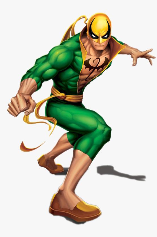 Iron Fist Halloween costume reference showing Danny Rand in two-tone Thai fisherman pants, Iron Fist mask, hand wraps, and yellow boots with glowing Iron Fist chi effect