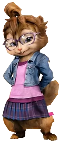 Jeanette Miller full body CGI film costume reference showing denim jacket over layered purple tops, plaid skirt, round purple glasses, and purple boots as seen in the Alvin and the Chipmunks live-action movies