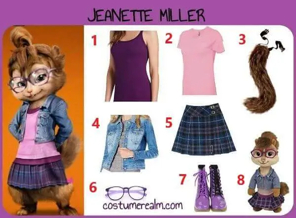Jeanette Miller from Alvin and the Chipmunks Halloween costume infographic showing all 8 items: purple tank top, pink t-shirt, furry chipmunk tail, denim jacket, plaid kilt skirt, round purple glasses, purple combat boots, and Jeanette toy figure